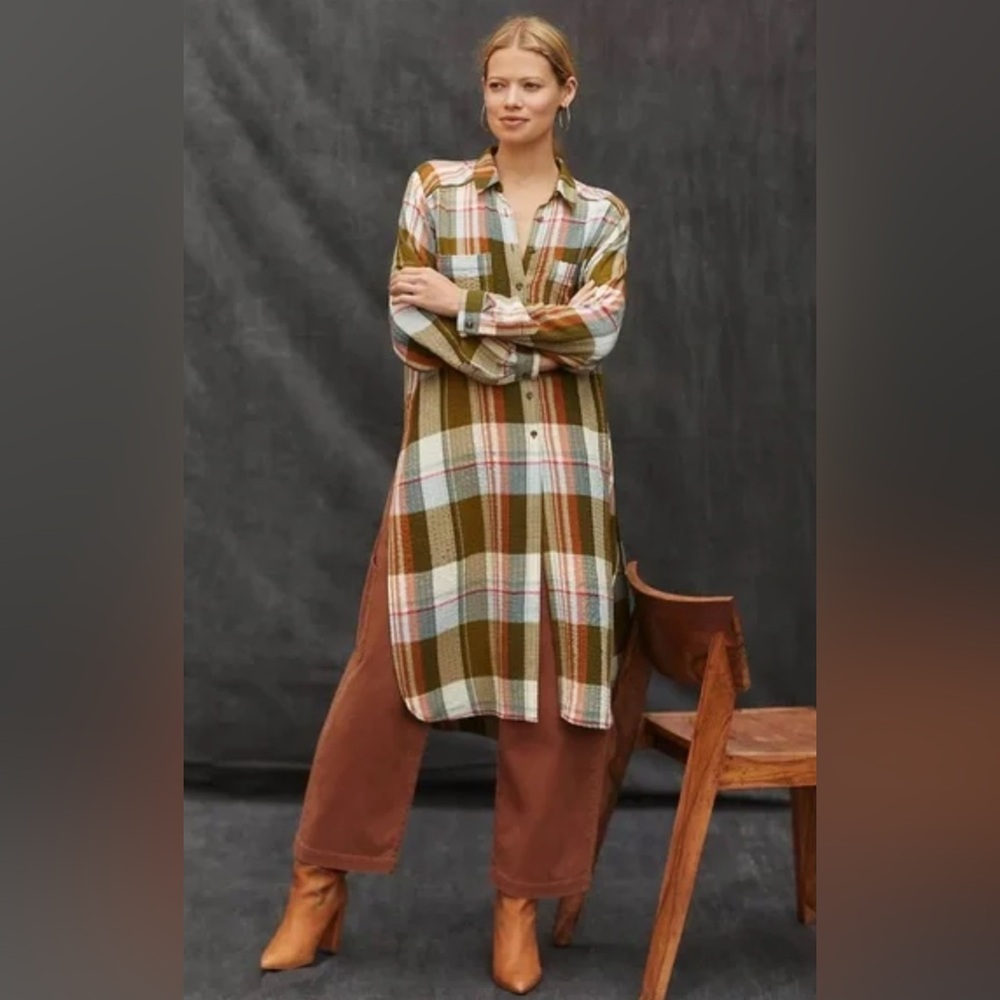 Anthropologie Pilcro Plaid Side Slits Long Maxi Tunic Dress Boho layering, large